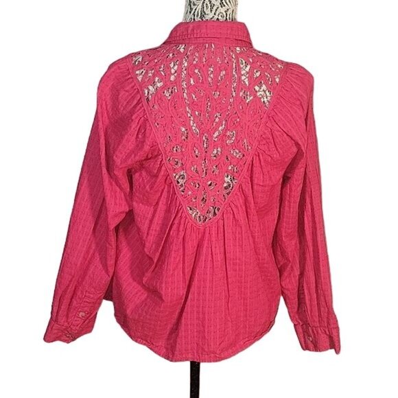 Womens Fuchsia Button-Up Blouse With Lace Back Detail & Long Sleeves - Picture 6 of 8